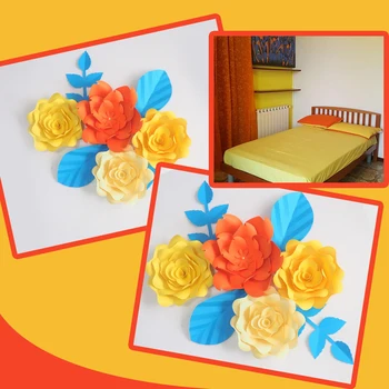 DIY Hârtie Gigant Flori Artificiale de Trandafir Fleurs Artificielles Fondul 4buc+ 4 Plece Dormitor Decor de Perete Pepinieră Galben Portocaliu