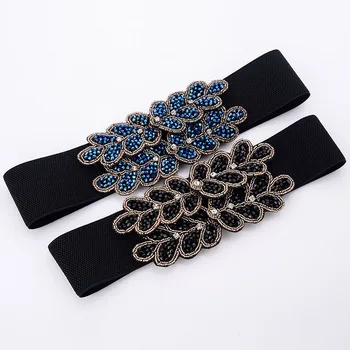 Elegant caestus Curea handmade albastru/negru cu margele rochie de accesorii incrustate cu elastic brâu centura betelie largă BL233