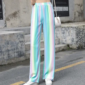 Femei De Moda Rainbow Stripe Pantaloni Casual De Înaltă Talie Pantaloni Largi De Sex Feminin Coreeană Largi Picior Mare Stradă Pantaloni