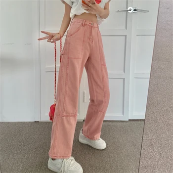 JMPRS Drăguț Roz Blugi de Moda pentru Femei Vrac Talie Mare Straight Denim Pantaloni Casual cu Buzunar din Bumbac Toamna Femei Blugi Largi